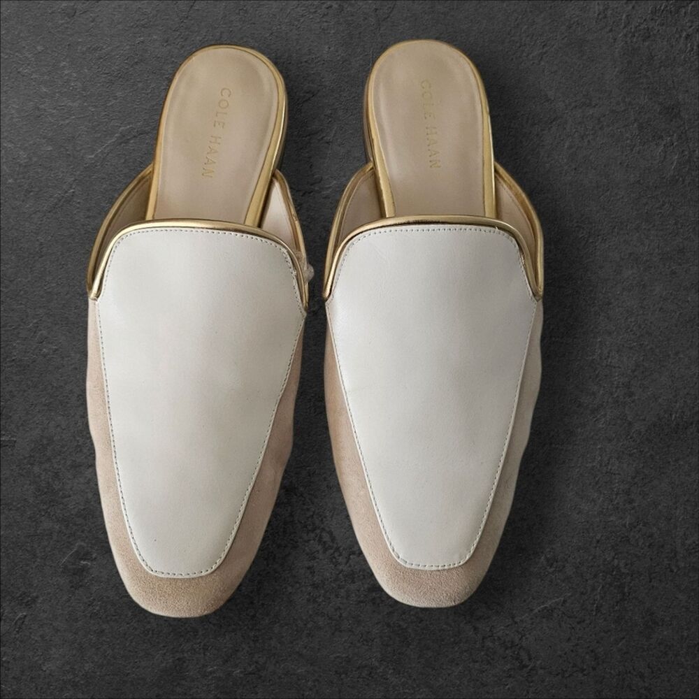 Cole Haan Perley Cream Leather Mule  Slides Gold Trim Slip On Women's Size 6.5